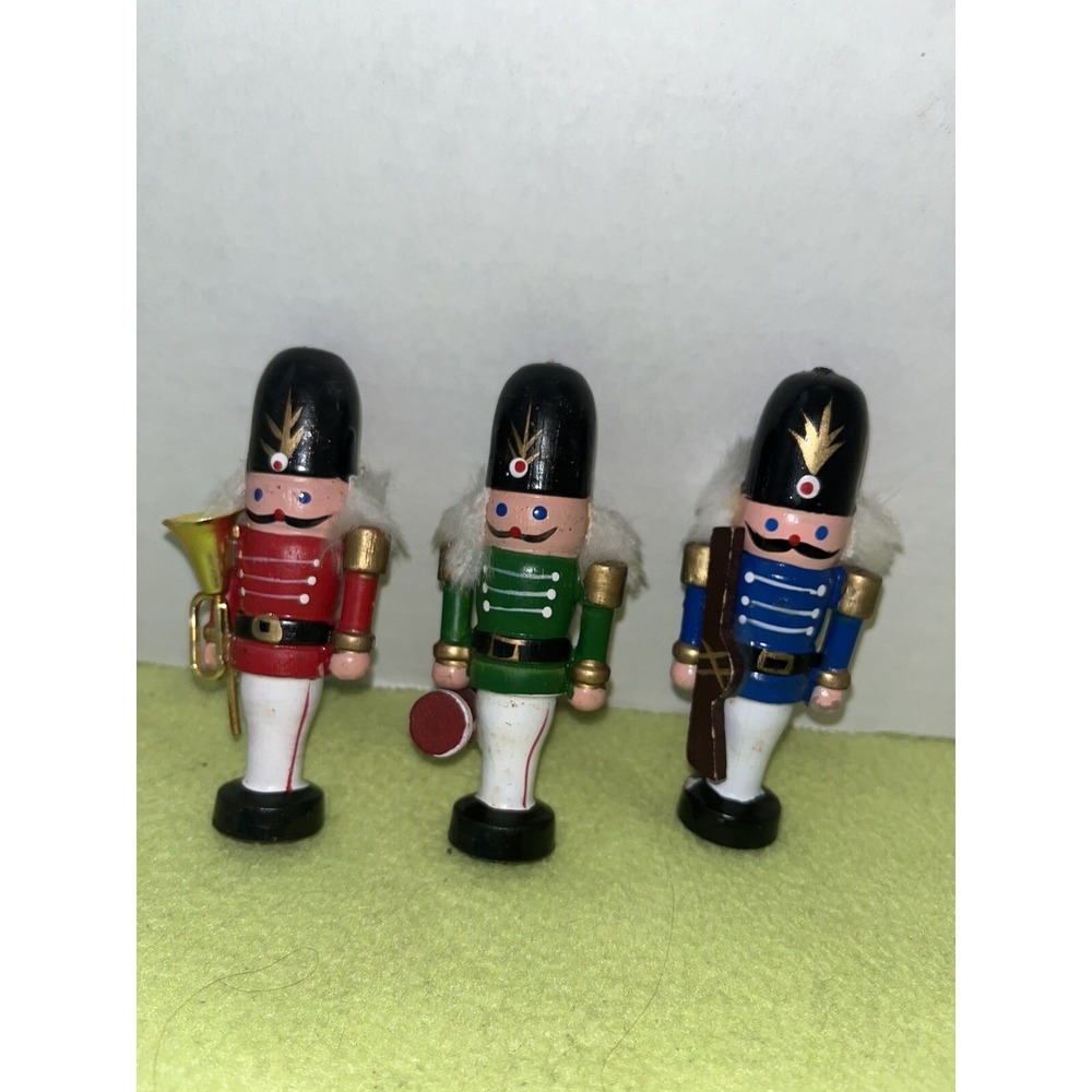 Vintage Wooden Nutcrackers , Soldiers , Lot Of 3 , 4" Tall , Green , Red ,Blue